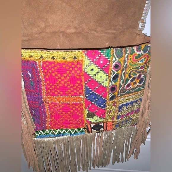 Boho Fringed Suede Patchwork Large Messenger Bag - Picture 7 of 11